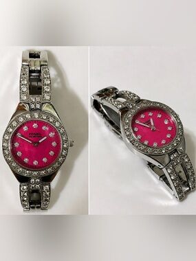 Fossil Pink Face Dial Crystal Bezel Bracelet Watch Silver AM3497 Y2K Glam Barbie